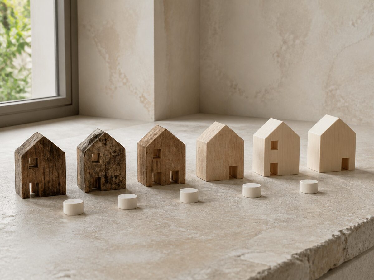 Maisons en bois ordonnées pour évoquer une série immobilière
