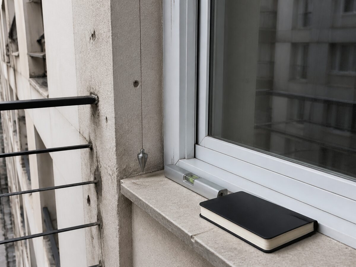 Niveau et fil à plomb devant une façade résidentielle